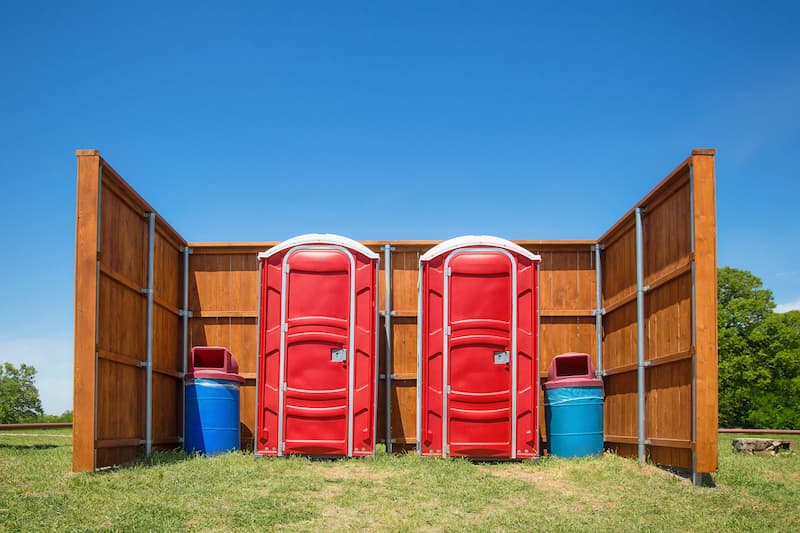Short-term porta potty units staged for delivery in Grove, Oklahoma